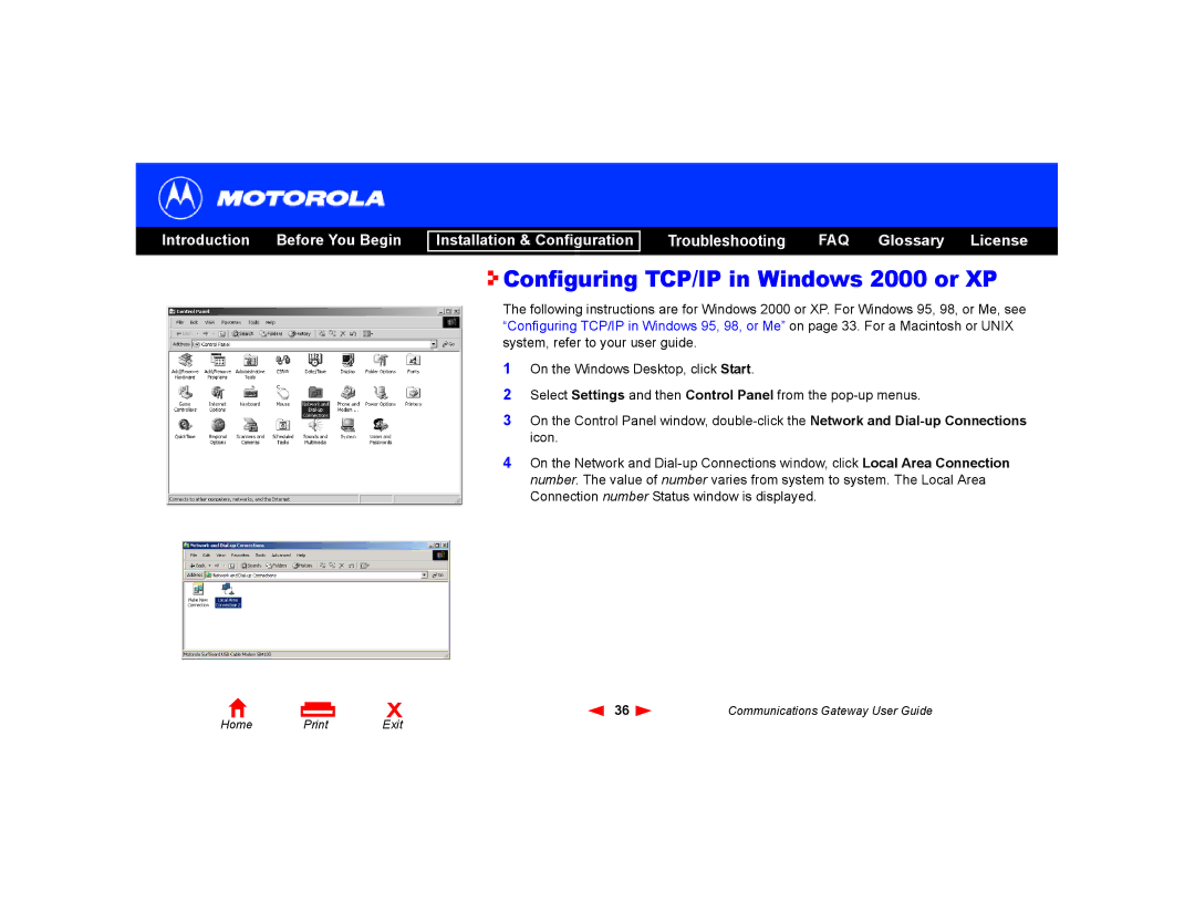 Motorola Communications Gateway manual Configuring TCP/IP in Windows 2000 or XP 