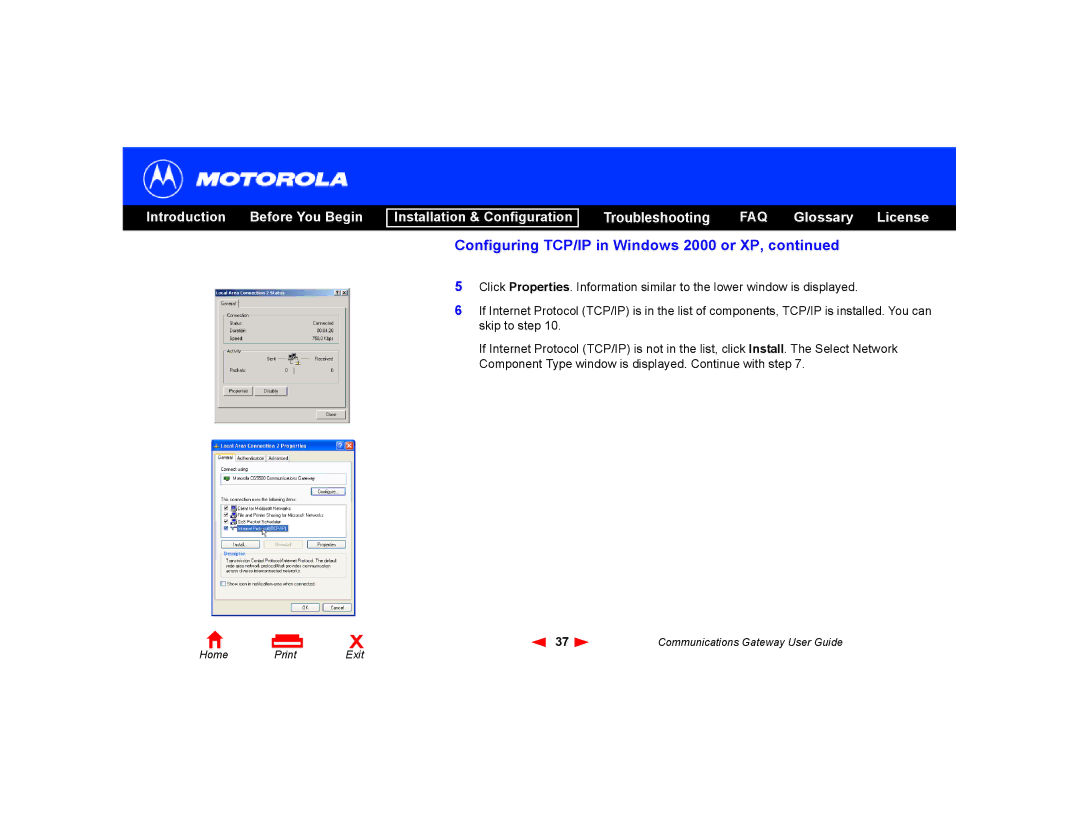 Motorola Communications Gateway manual Configuring TCP/IP in Windows 2000 or XP 