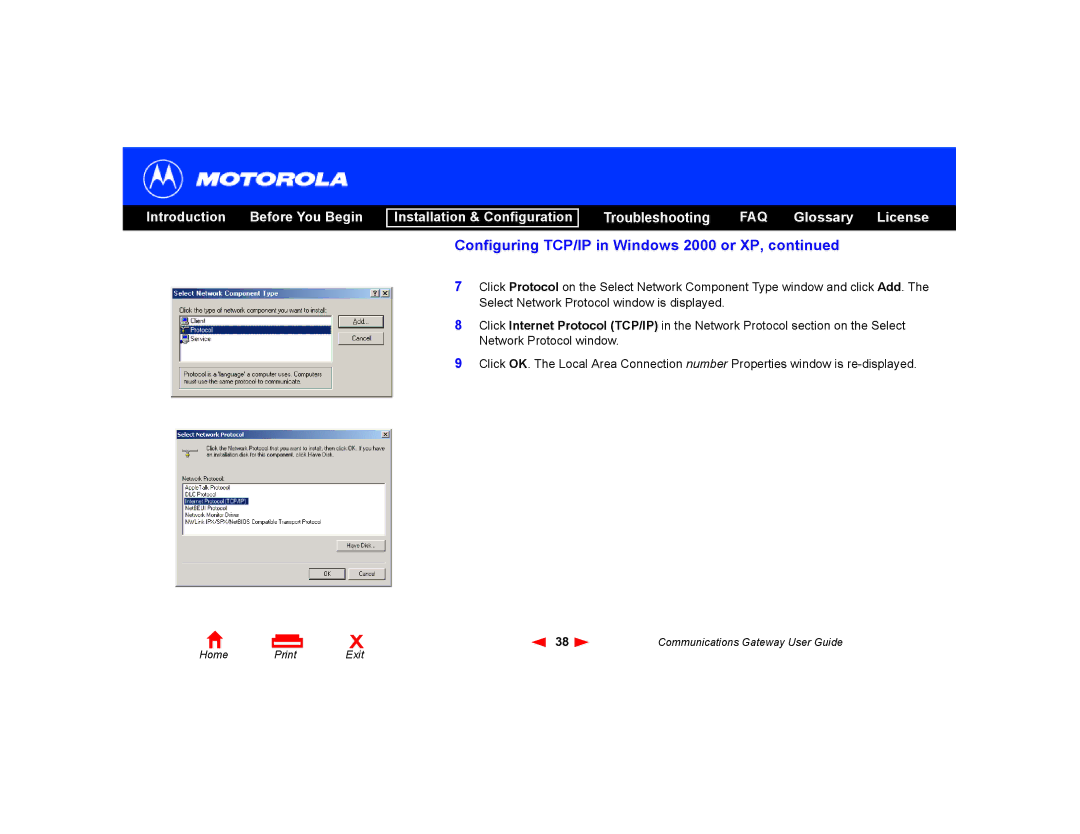 Motorola Communications Gateway manual Configuring TCP/IP in Windows 2000 or XP 