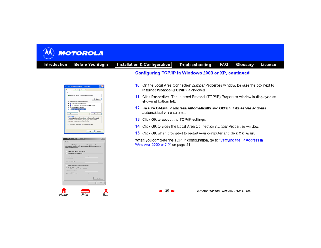 Motorola Communications Gateway manual Configuring TCP/IP in Windows 2000 or XP 