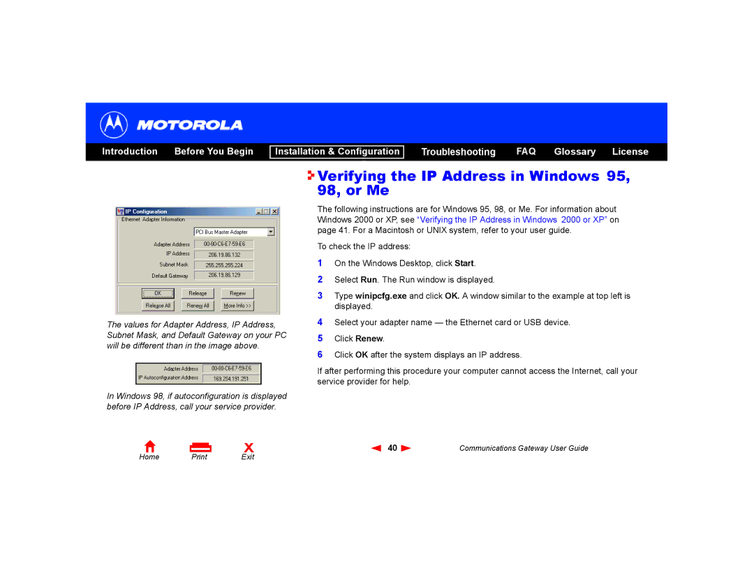 Motorola Communications Gateway manual Verifying the IP Address in Windows 95, 98, or Me 