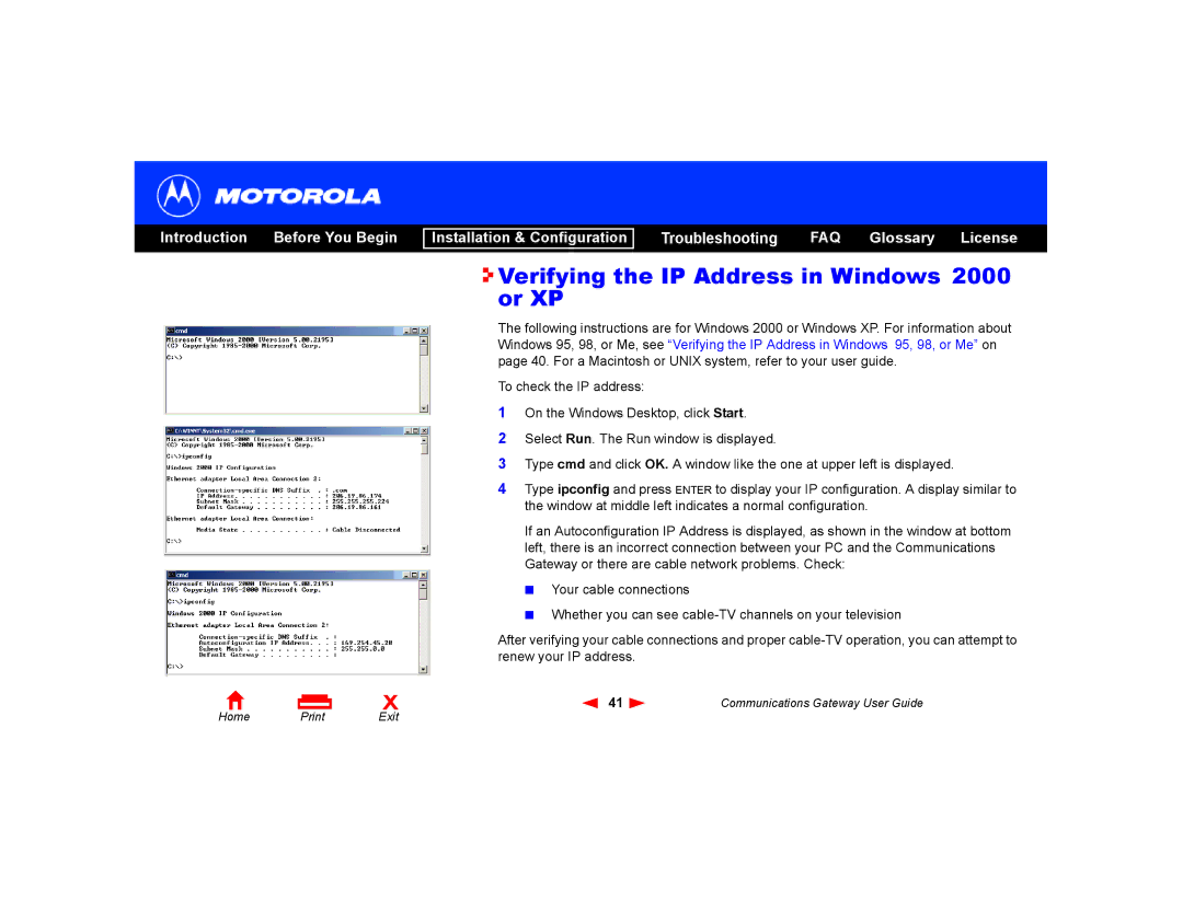 Motorola Communications Gateway manual Verifying the IP Address in Windows 2000 or XP 