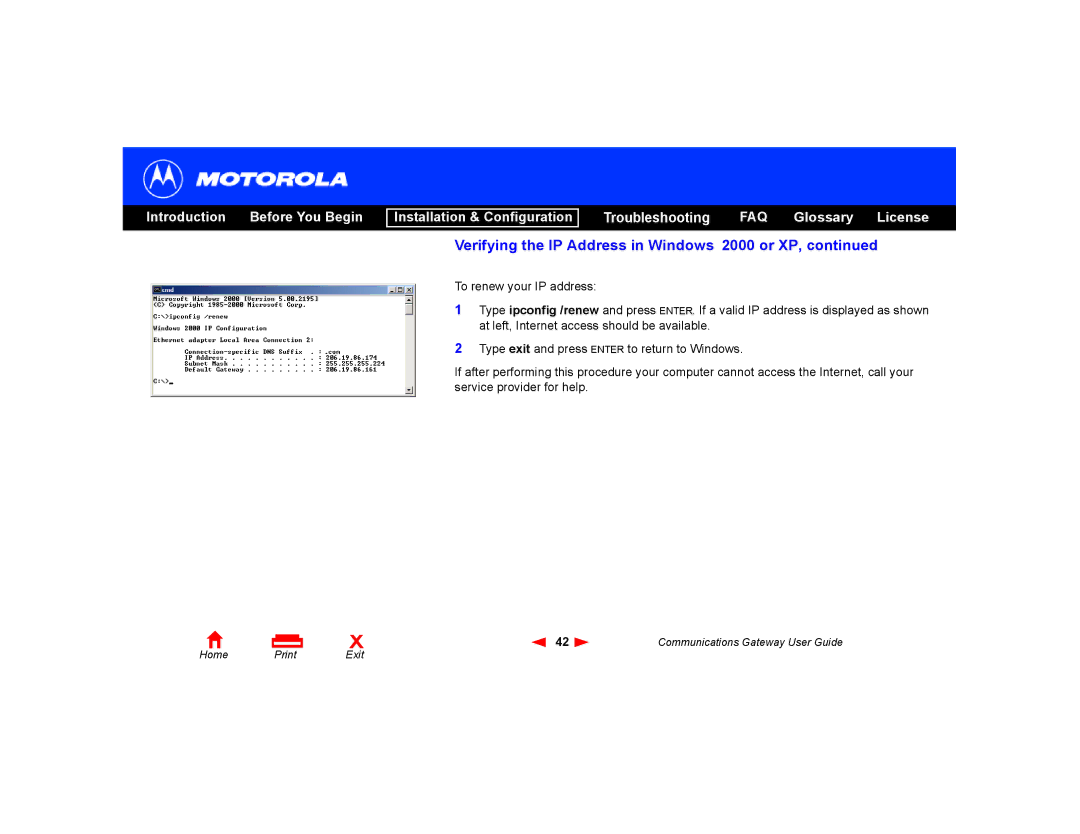 Motorola Communications Gateway manual Verifying the IP Address in Windows 2000 or XP 