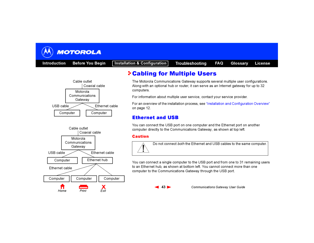 Motorola Communications Gateway manual Cabling for Multiple Users, Ethernet and USB 