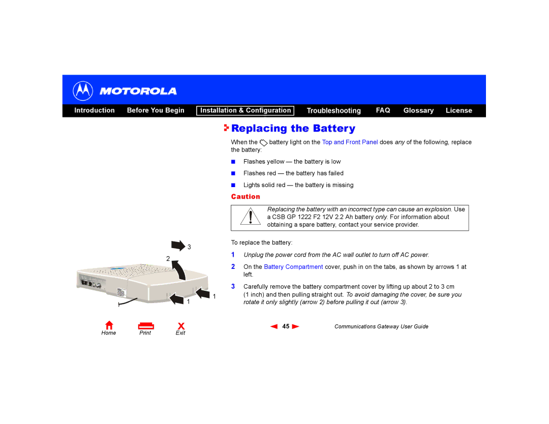 Motorola Communications Gateway manual Replacing the Battery 