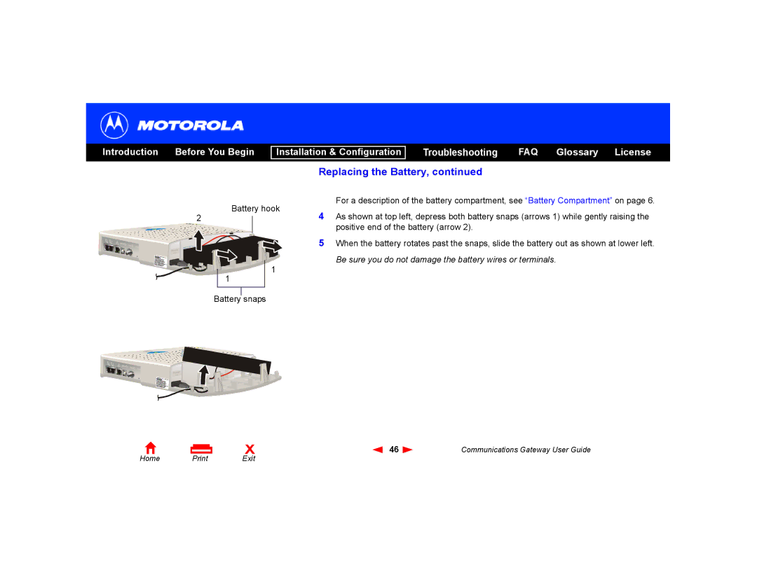 Motorola Communications Gateway manual Replacing the Battery 