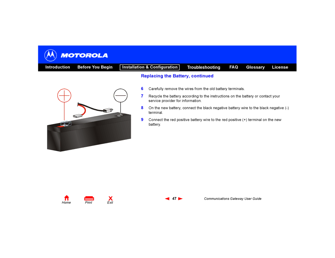 Motorola Communications Gateway manual Replacing the Battery 