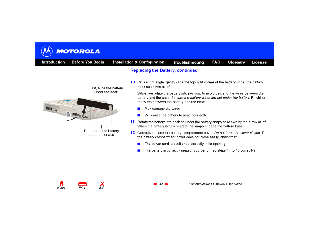 Motorola Communications Gateway manual Replacing the Battery 