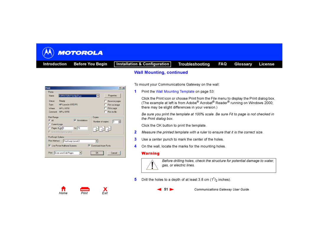 Motorola Communications Gateway manual Print the Wall Mounting Template on 