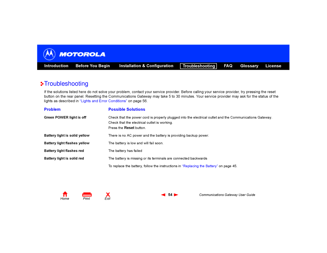 Motorola Communications Gateway manual Troubleshooting, Problem Possible Solutions 