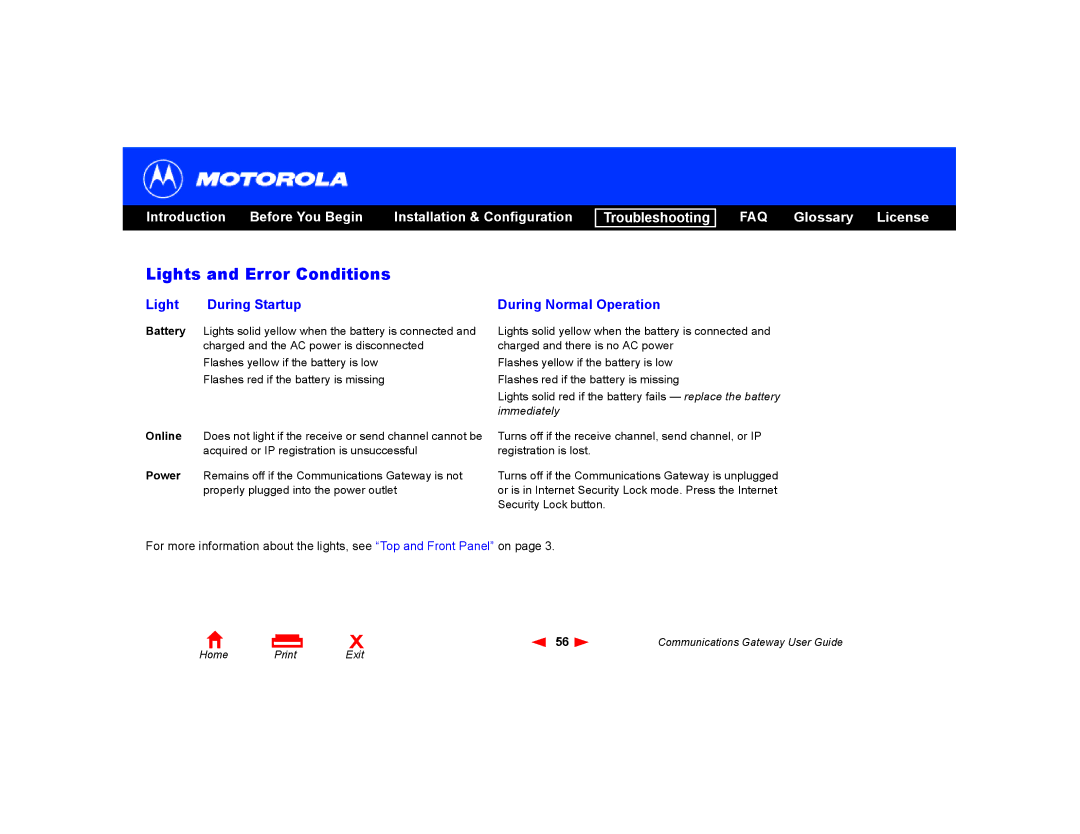 Motorola Communications Gateway manual Lights and Error Conditions, Light During Startup During Normal Operation 