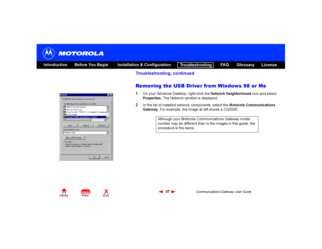 Motorola Communications Gateway manual Removing the USB Driver from Windows 98 or Me 