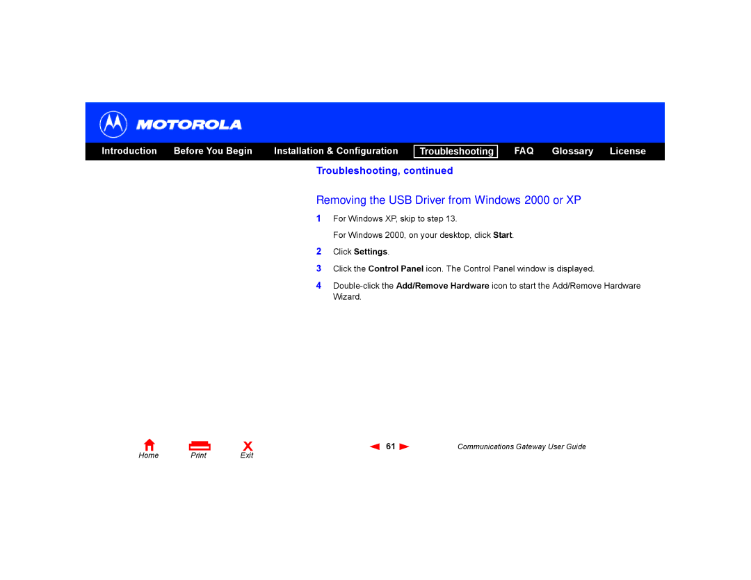 Motorola Communications Gateway manual Removing the USB Driver from Windows 2000 or XP, Click Settings 