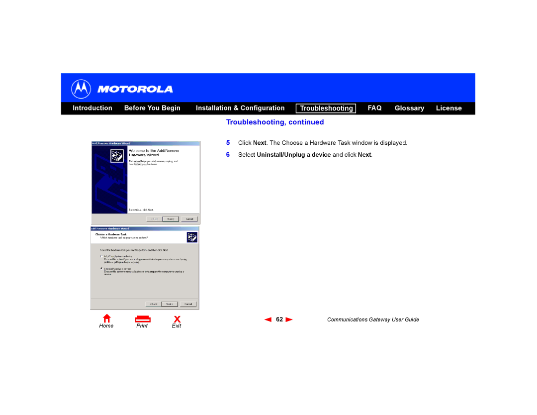 Motorola Communications Gateway manual Select Uninstall/Unplug a device and click Next 