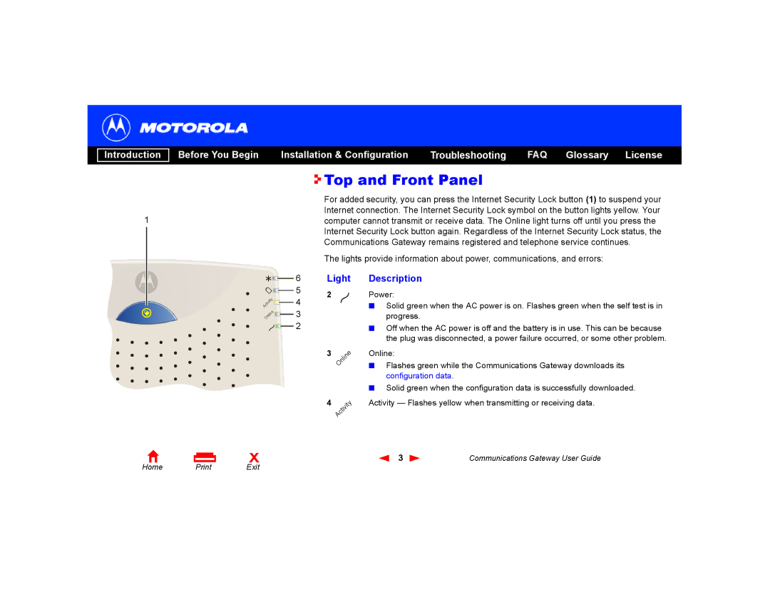 Motorola Communications Gateway manual Top and Front Panel, Light Description 