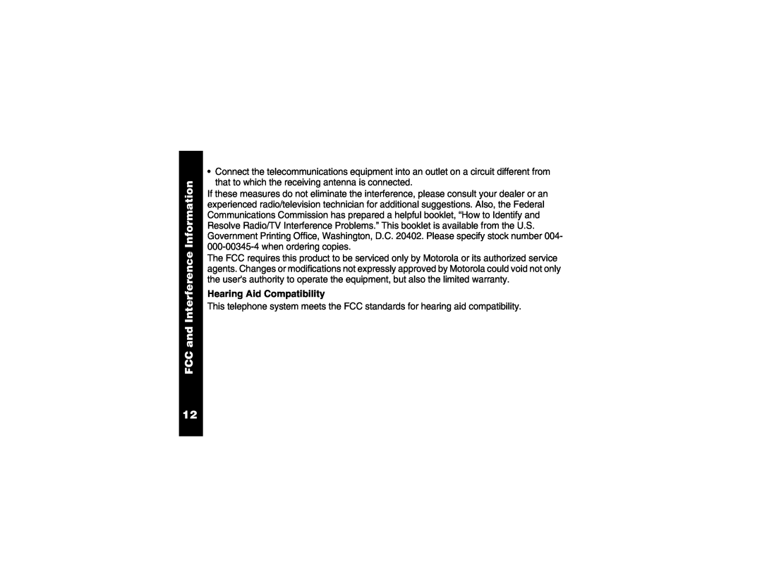Motorola Cordless Telephone manual Hearing Aid Compatibility, FCC and Interference Information 