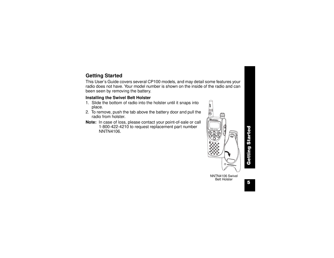 Motorola CP100 manual Getting Started, Installing the Swivel Belt Holster 