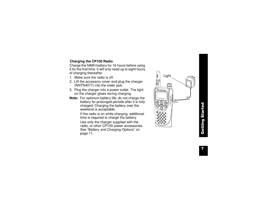 Motorola manual Charging the CP100 Radio 