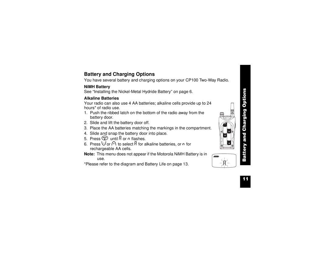 Motorola CP100 manual Battery and Charging Options, NiMH Battery, Alkaline Batteries 