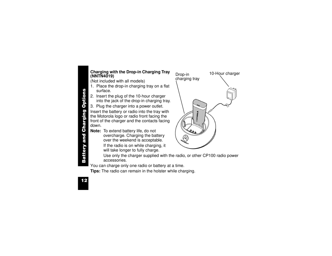 Motorola CP100 manual Charging with the Drop-in Charging Tray, NNTN4019 