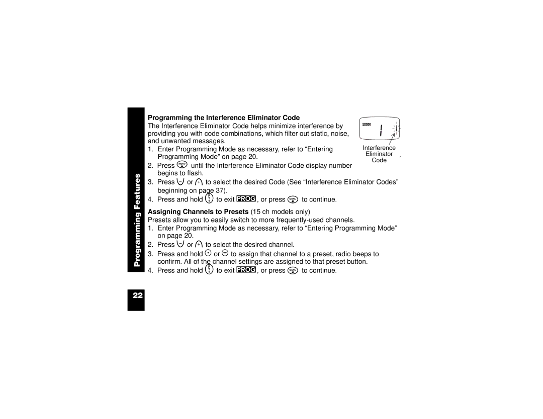 Motorola CP100 manual Programming the Interference Eliminator Code, Assigning Channels to Presets 15 ch models only 