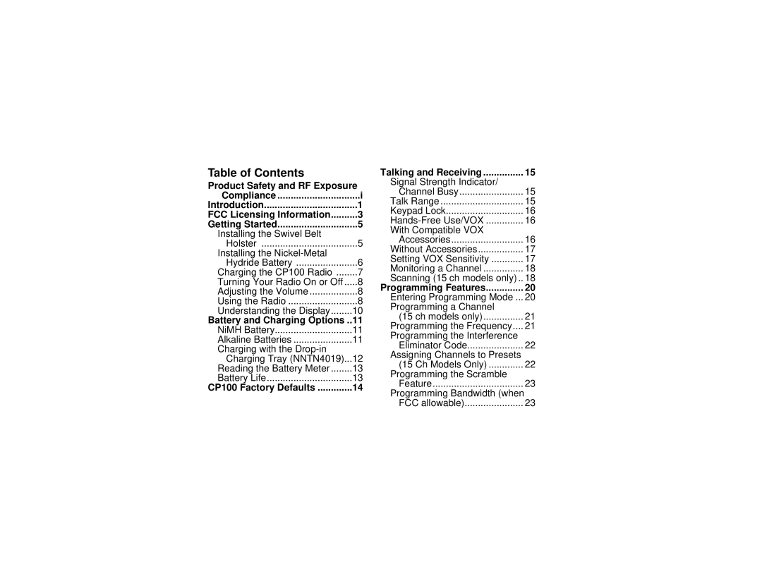 Motorola CP100 manual Table of Contents 