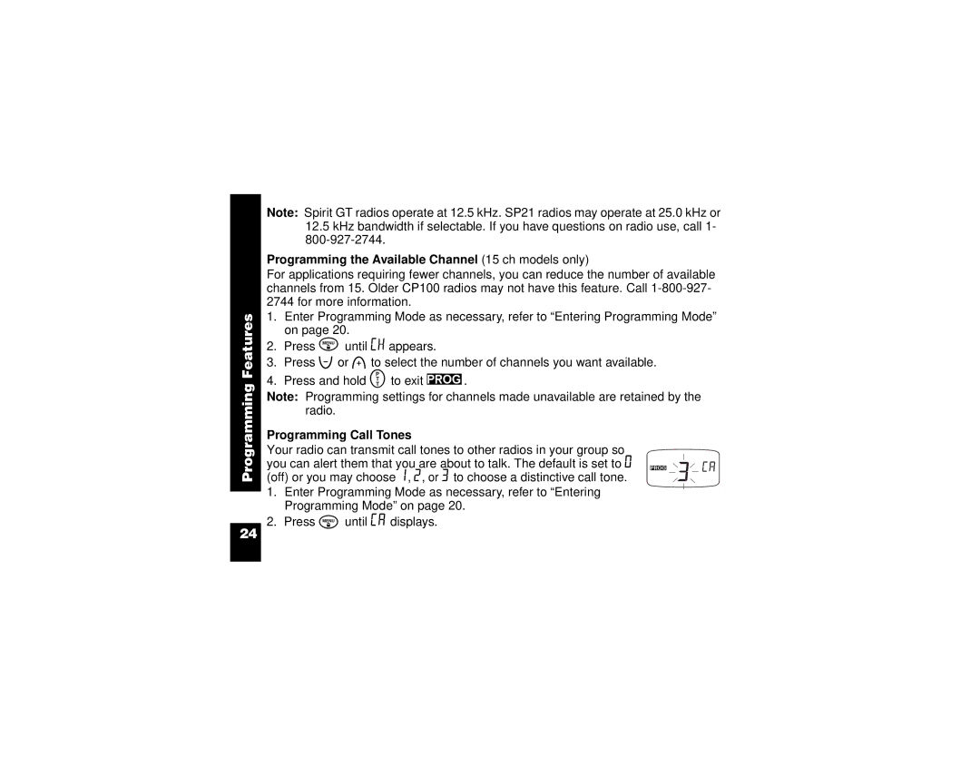 Motorola CP100 manual Programming the Available Channel 15 ch models only, Programming Call Tones 