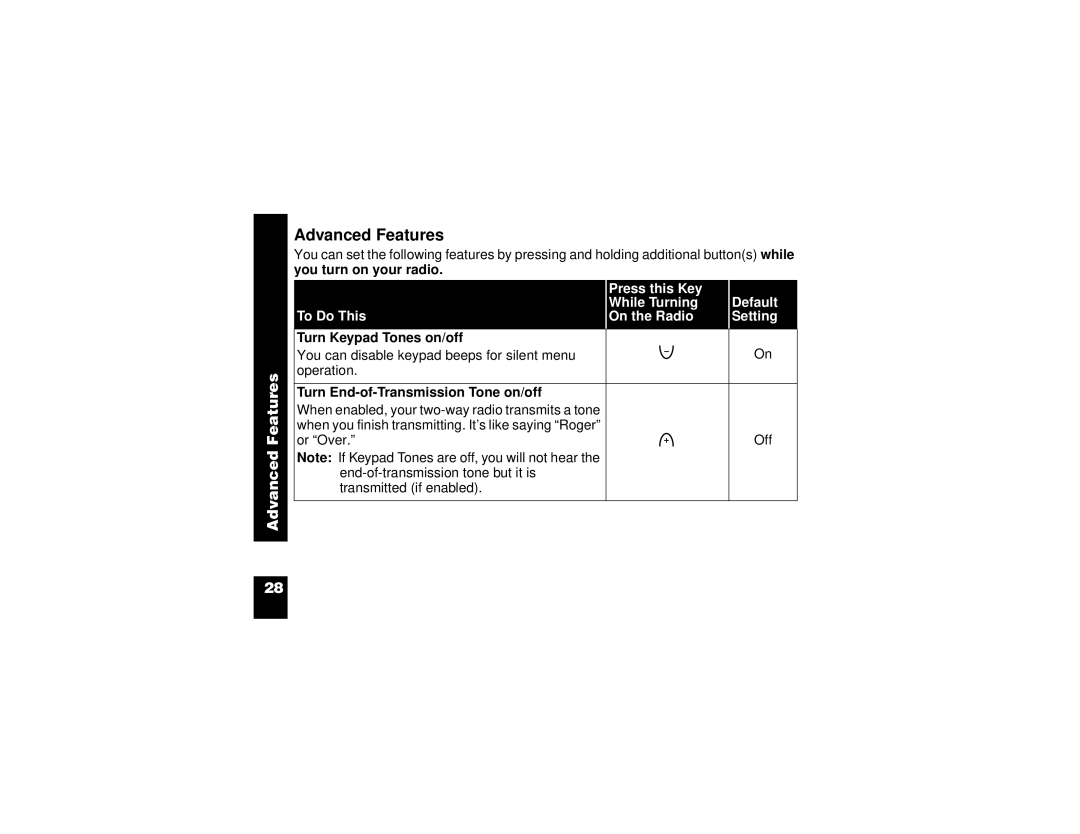 Motorola CP100 Advanced Features, You turn on your radio, Turn Keypad Tones on/off, Turn End-of-Transmission Tone on/off 