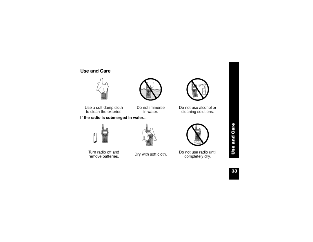 Motorola CP100 manual Use and Care, If the radio is submerged in water 