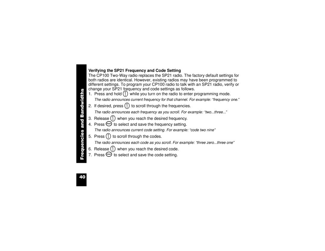 Motorola CP100 manual Verifying the SP21 Frequency and Code Setting 