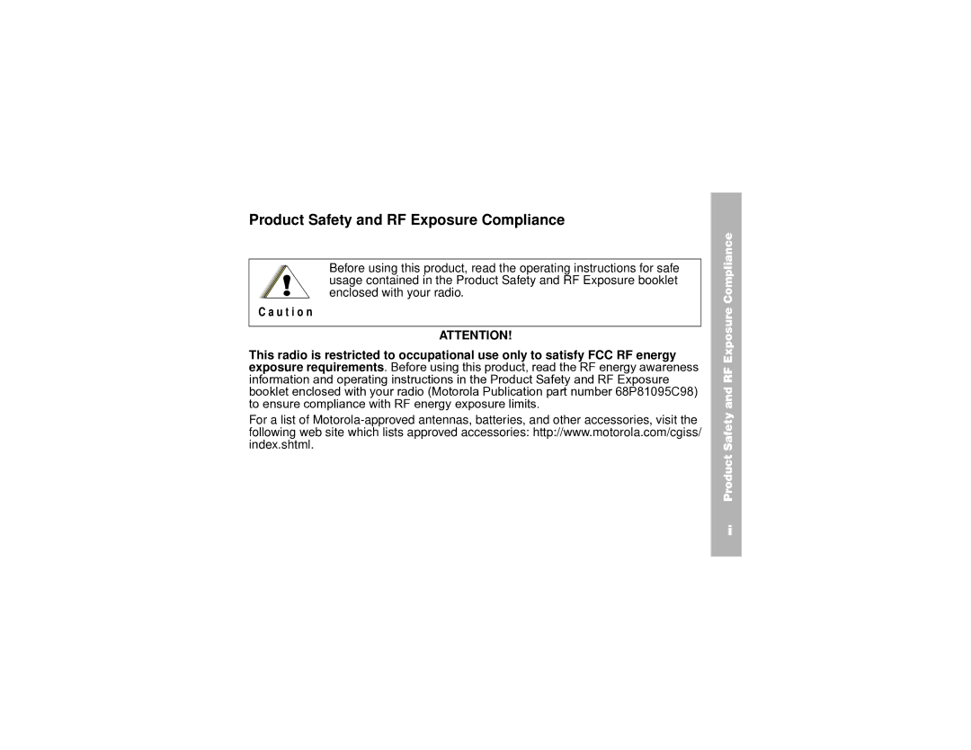 Motorola CP100 manual Product Safety and RF Exposure Compliance 