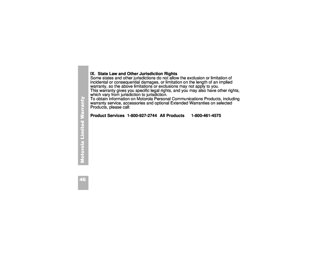 Motorola CP100 manual Motorola Limited Warranty, IX. State Law and Other Jurisdiction Rights 