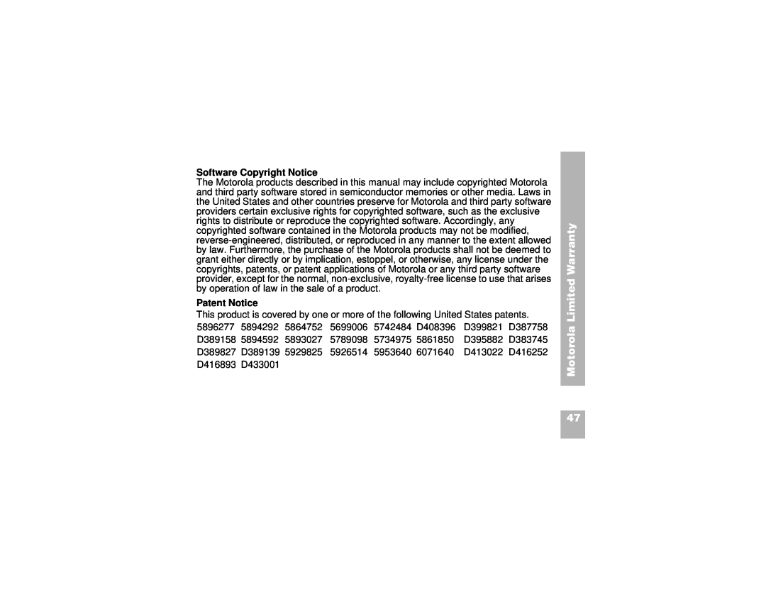 Motorola CP100 manual Motorola Limited Warranty, Software Copyright Notice, Patent Notice 