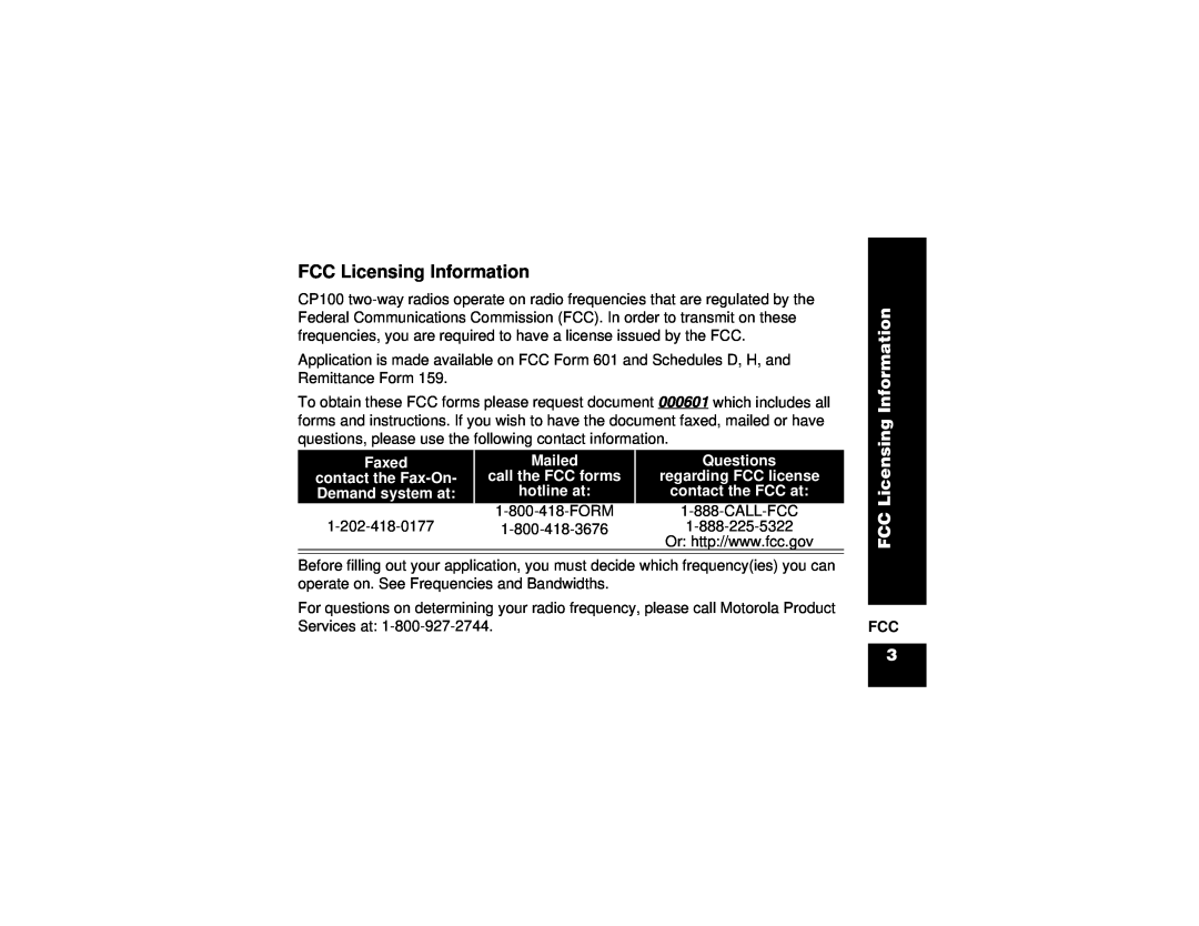 Motorola CP100 manual FCC Licensing Information 