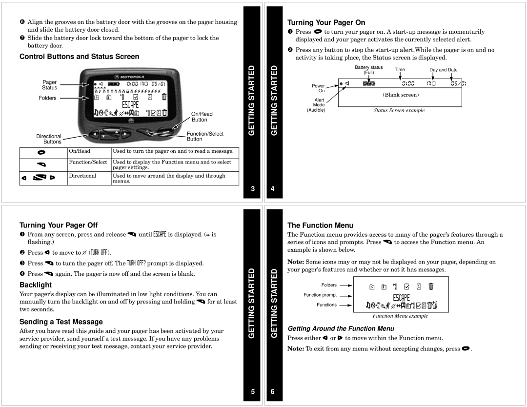 Motorola CP1250 Control Buttons and Status Screen Turning Your Pager On, Turning Your Pager Off, Backlight, Function Menu 