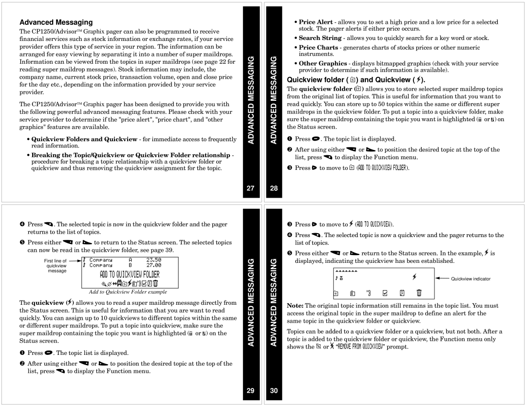 Motorola CP1250 manual Advanced Messaging, Quickview folder R and Quickview J 