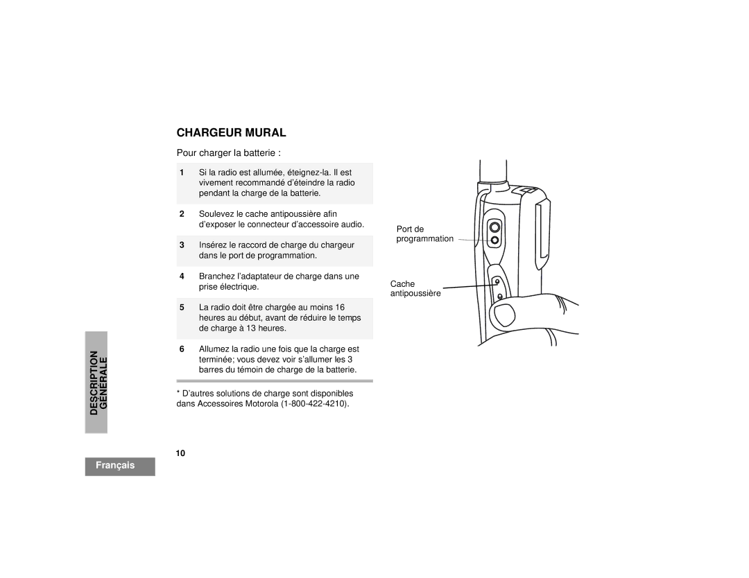 Motorola CP125TM manual Chargeur Mural, Pour charger la batterie 