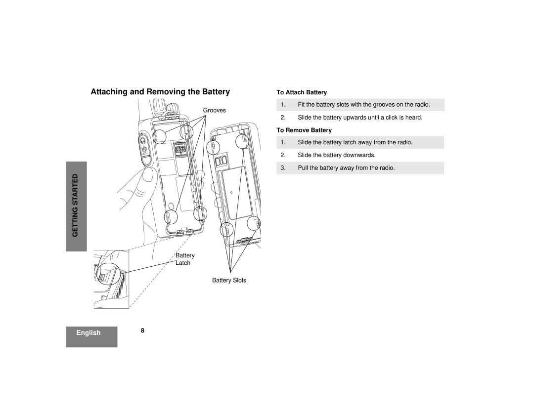 Motorola CP185 manual Attaching and Removing the Battery, To Attach Battery, To Remove Battery 