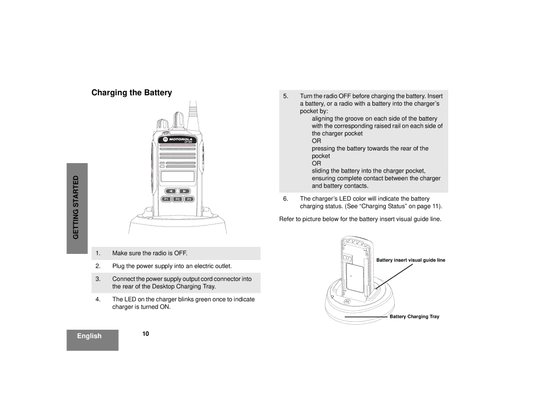 Motorola CP185 manual Charging the Battery, English10 