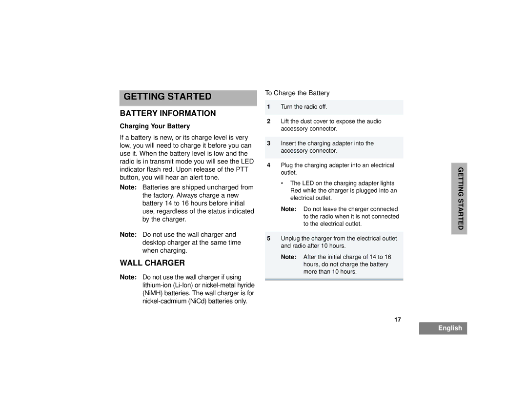 Motorola CP150TM, CP200TM manual Getting Started, Wall Charger, Charging Your Battery 