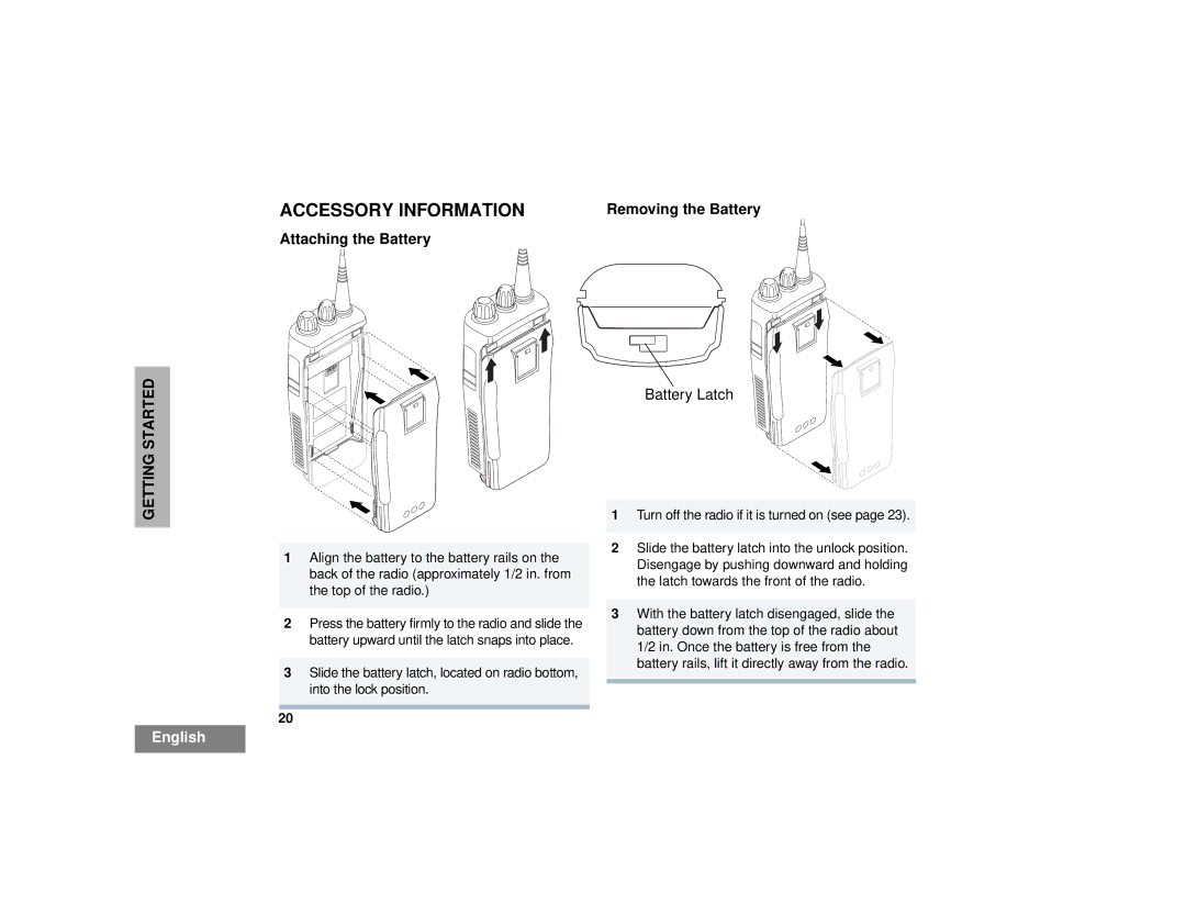 Motorola CP200TM, CP150TM manual Accessory Information, Removing the Battery, Attaching the Battery 