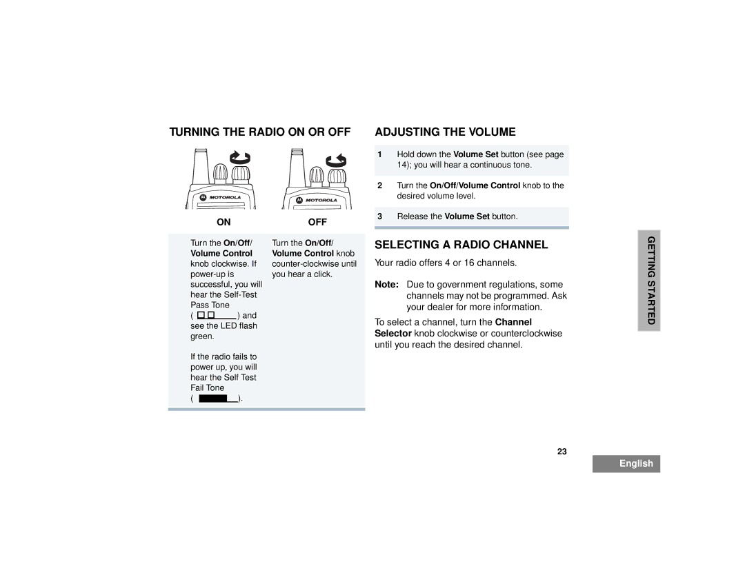 Motorola CP150TM, CP200TM manual Turning the Radio on or OFF, Adjusting the Volume, Selecting a Radio Channel 