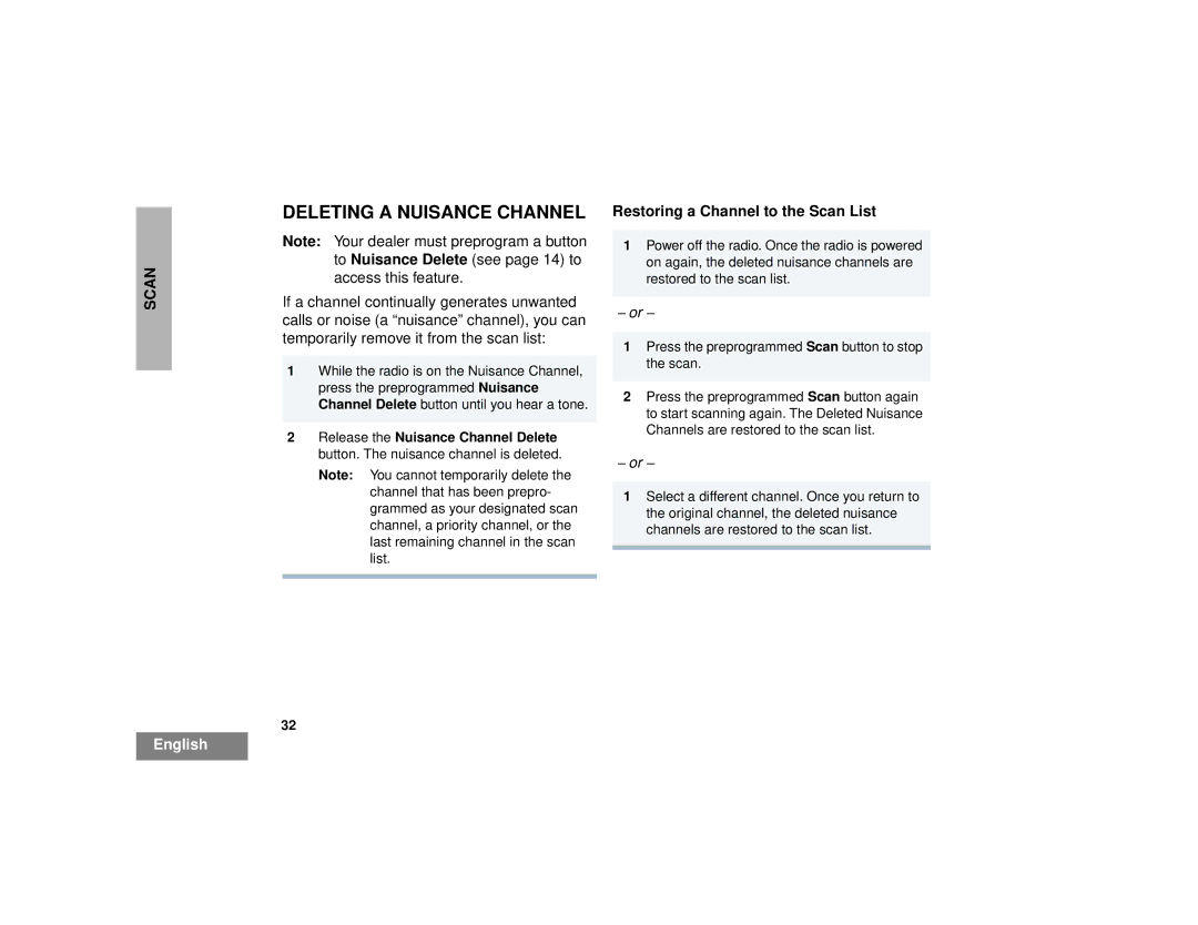 Motorola CP200TM, CP150TM manual Deleting a Nuisance Channel, Restoring a Channel to the Scan List 