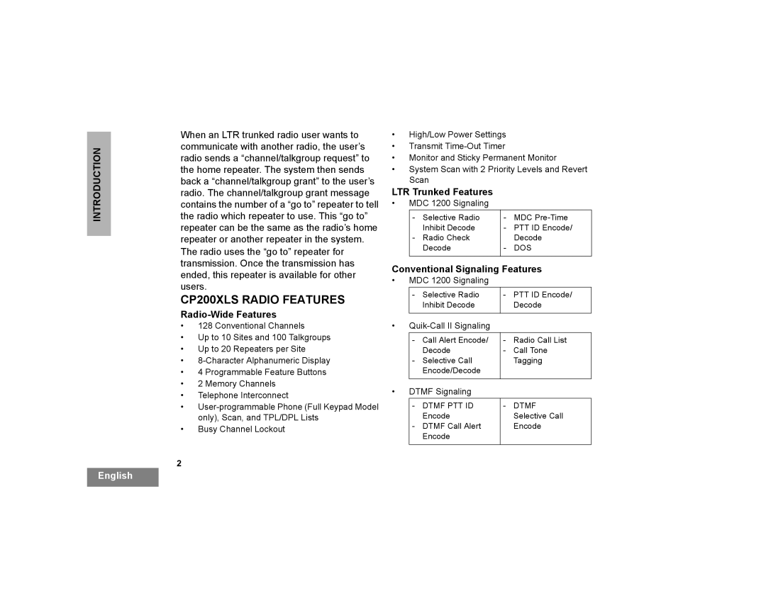 Motorola manual CP200XLS Radio Features, Radio-Wide Features, LTR Trunked Features, Conventional Signaling Features 