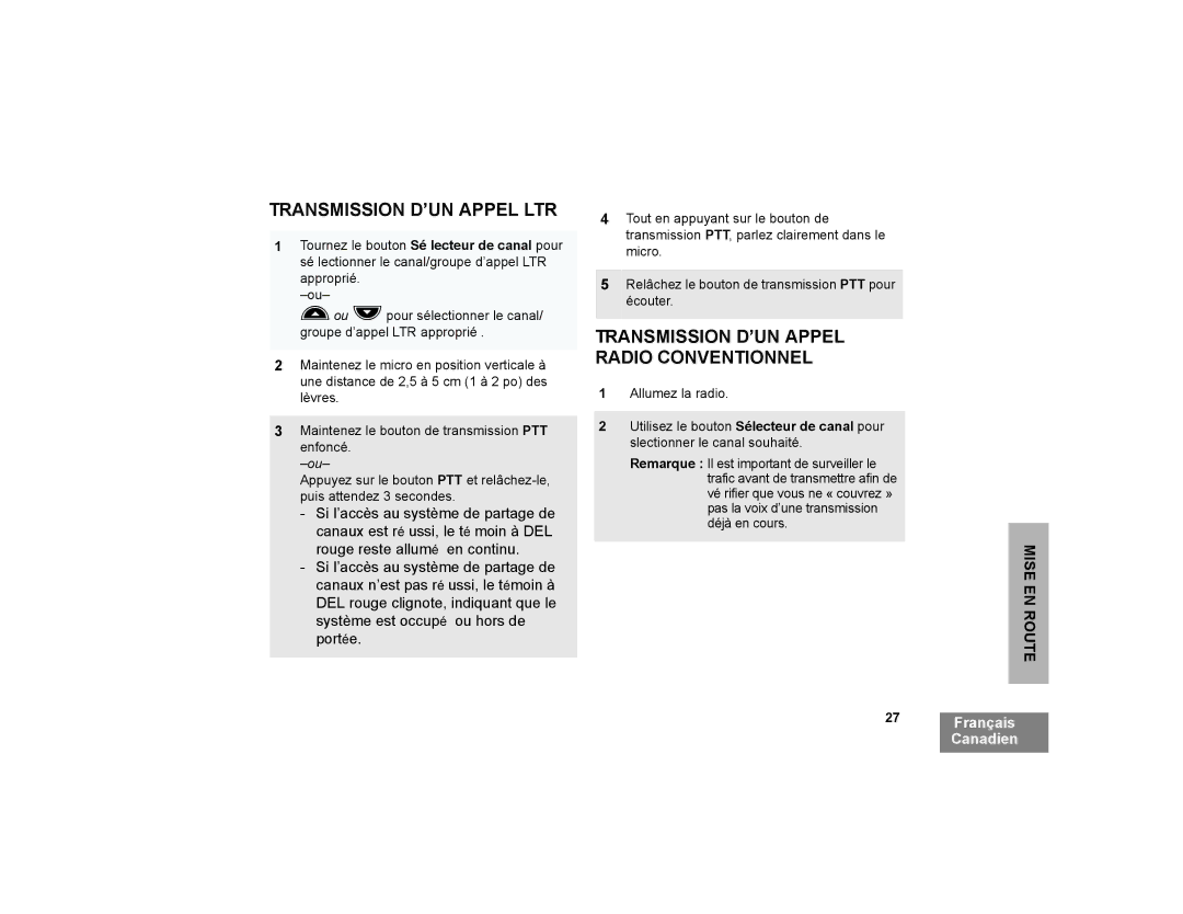 Motorola CP200XLS manual Transmission D’UN Appel LTR, Transmission D’UN Appel Radio Conventionnel 