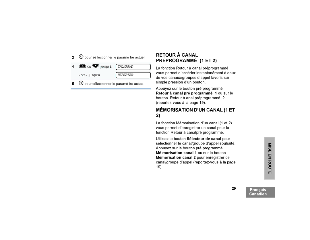 Motorola CP200XLS manual Retour À Canal Préprogrammé 1 ET, Mémorisation D’UN Canal 1 ET 