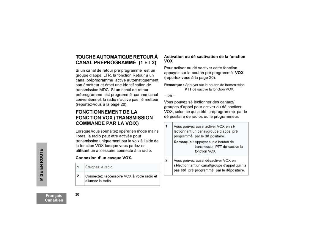 Motorola CP200XLS manual Connexion d’un casque VOX, Activation ou dé sactivation de la fonction, Vox 