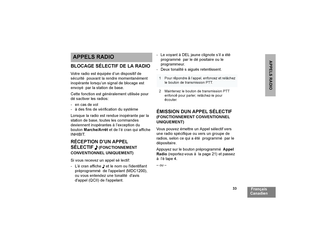 Motorola CP200XLS manual Appels Radio, Blocage Sélectif DE LA Radio, Réception D’UN Appel, Émission DUN Appel Sélectif 