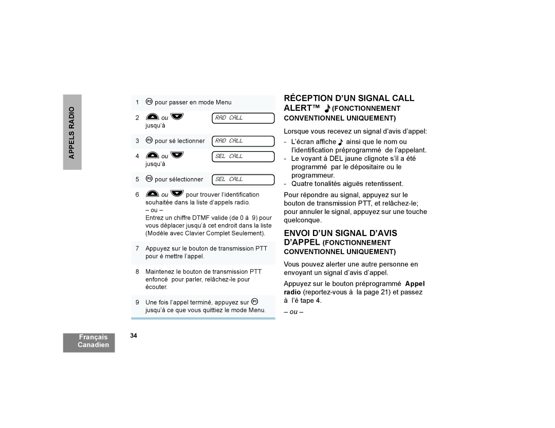 Motorola CP200XLS Réception D’UN Signal Call, Envoi D’UN Signal D’AVIS, Alert Ffonctionnement Conventionnel Uniquement 