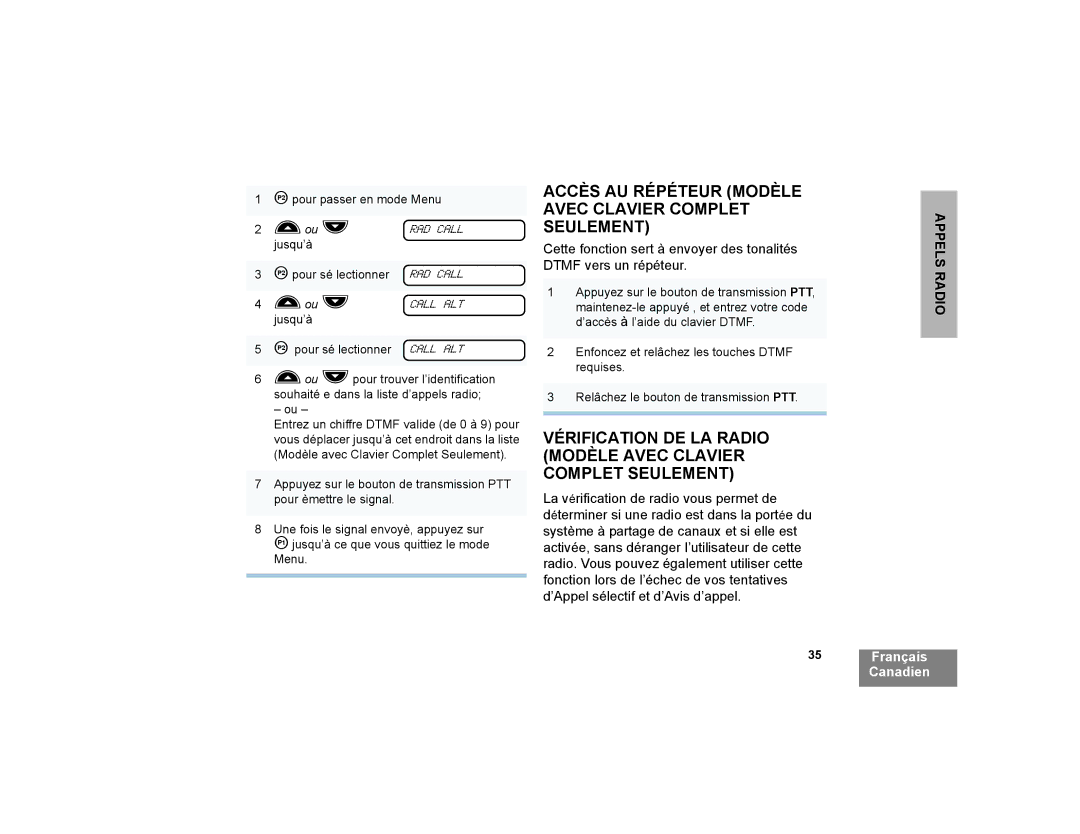 Motorola CP200XLS manual Accès AU Répéteur Modèle Avec Clavier Complet Seulement 